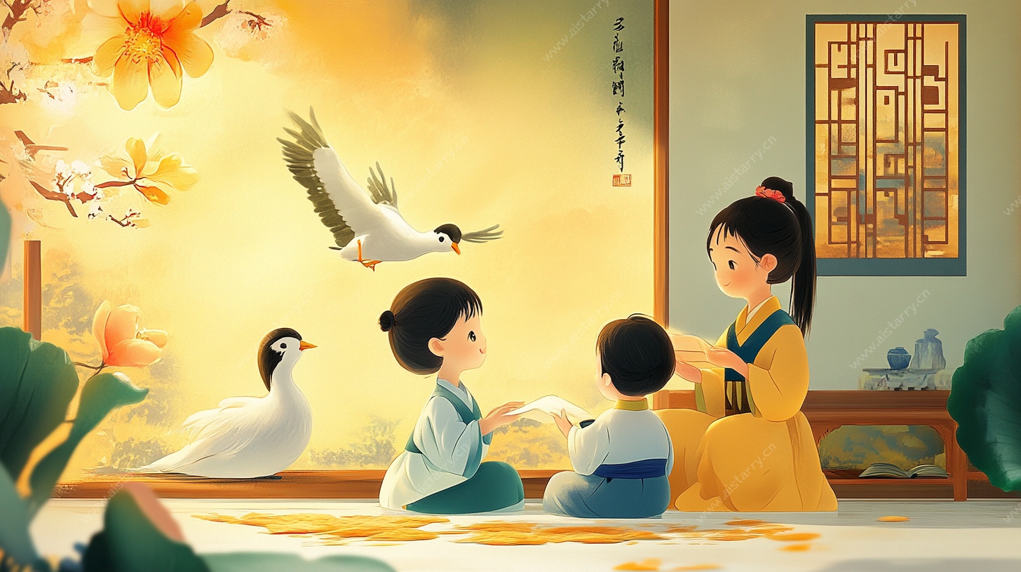 古风孩童室内互动场景