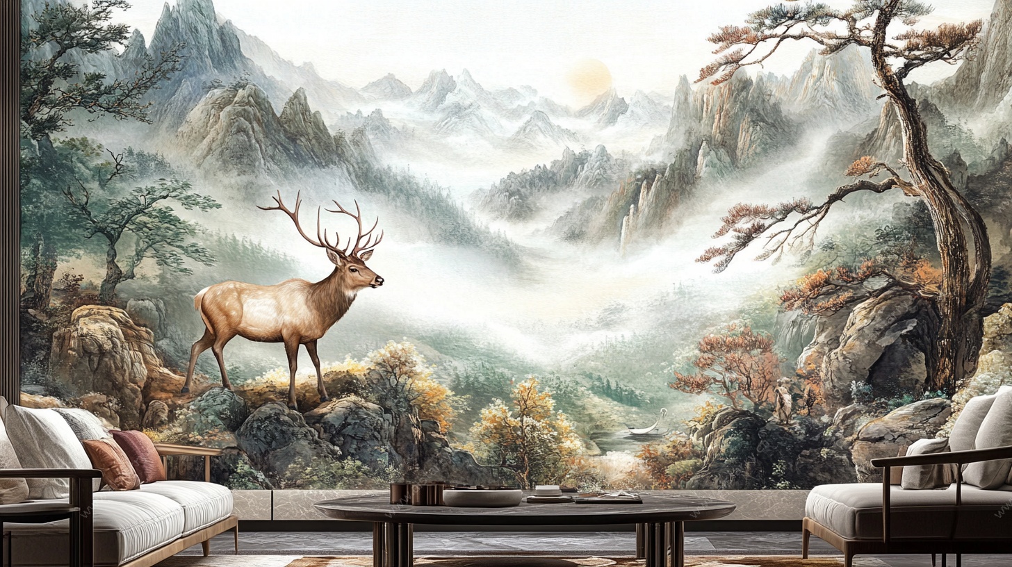 麋鹿山林壁画 客厅艺术风
