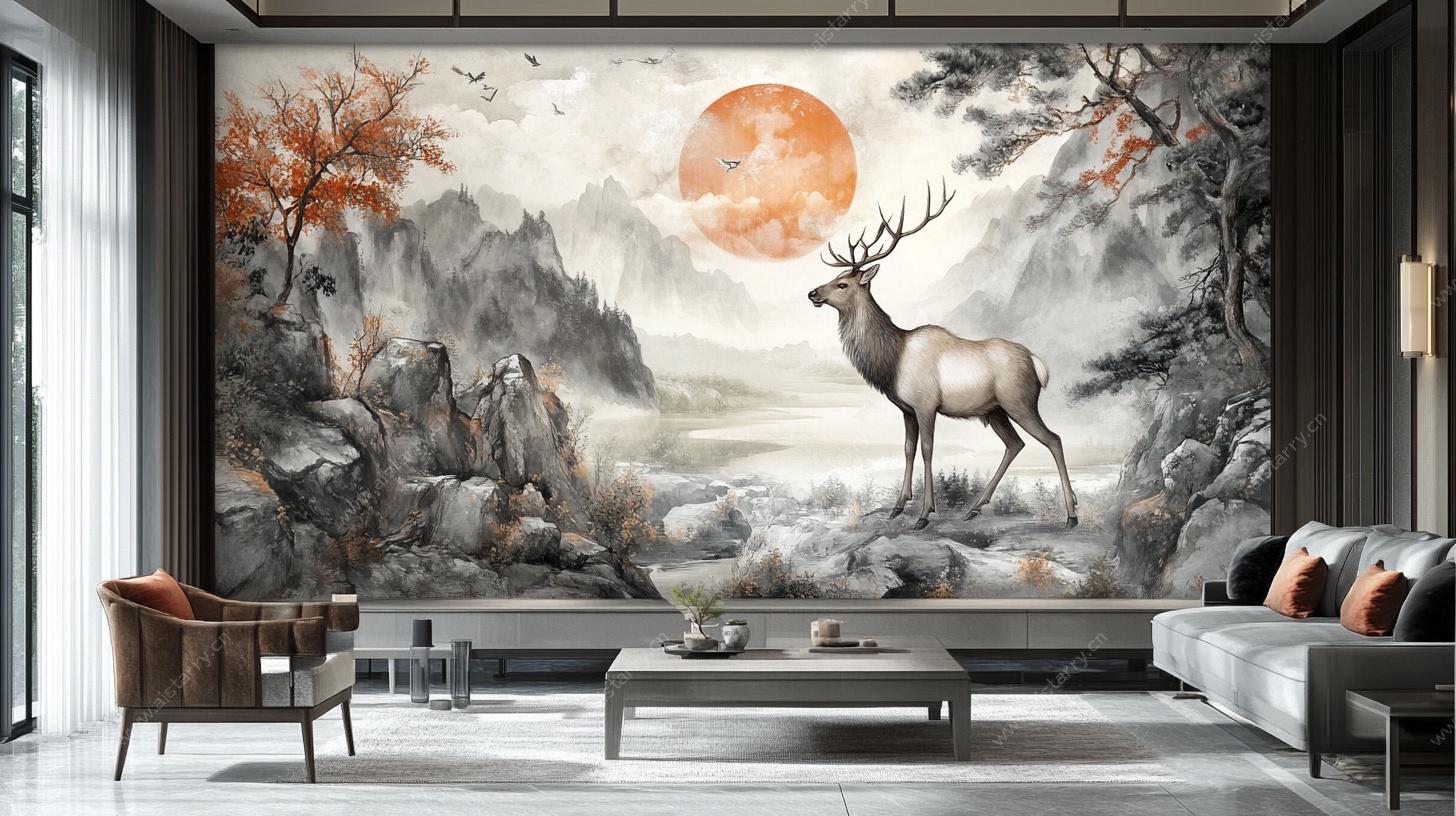 中式客厅山水麋鹿壁画