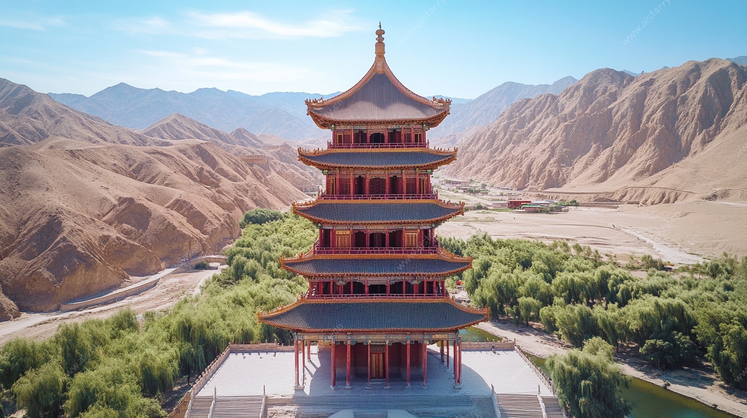 沙漠中的中式古塔景观