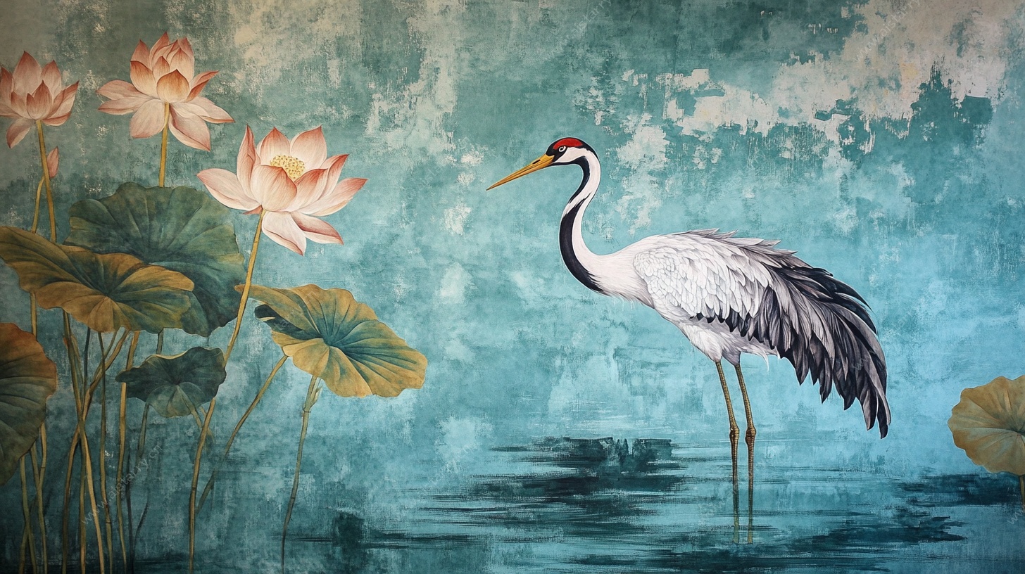 水墨风丹顶鹤与荷花图