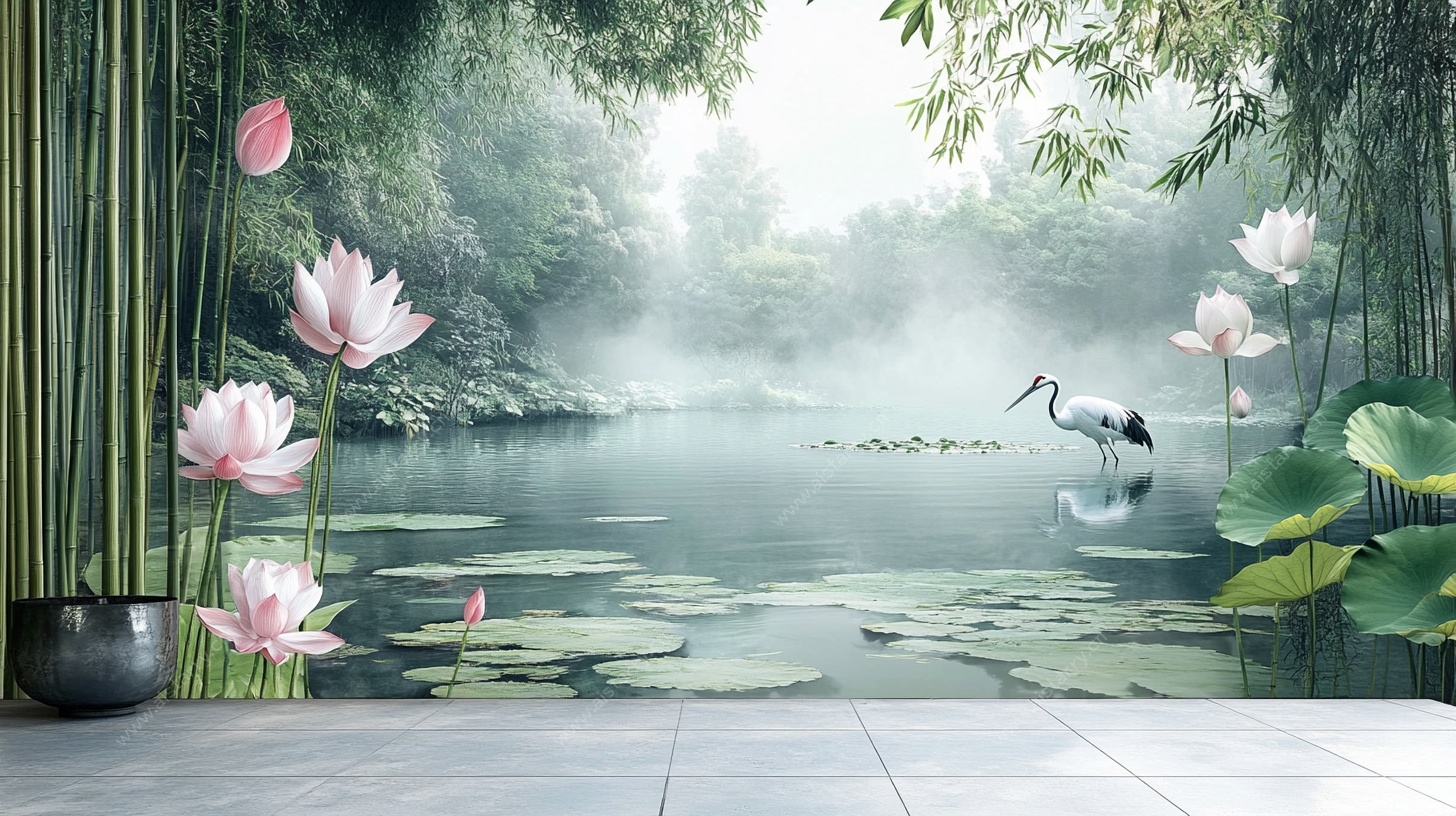 中式荷塘竹林仙鹤背景图