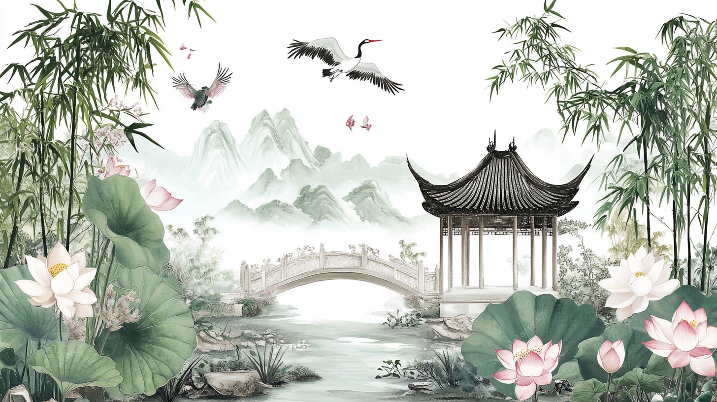 中式园林荷塘仙鹤美景图