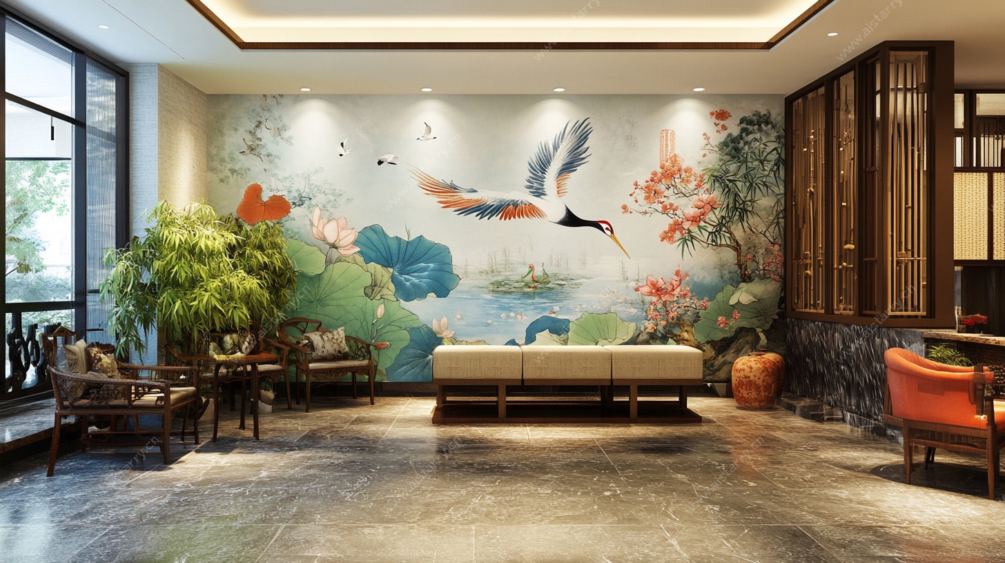 中式客厅的花鸟壁画装饰