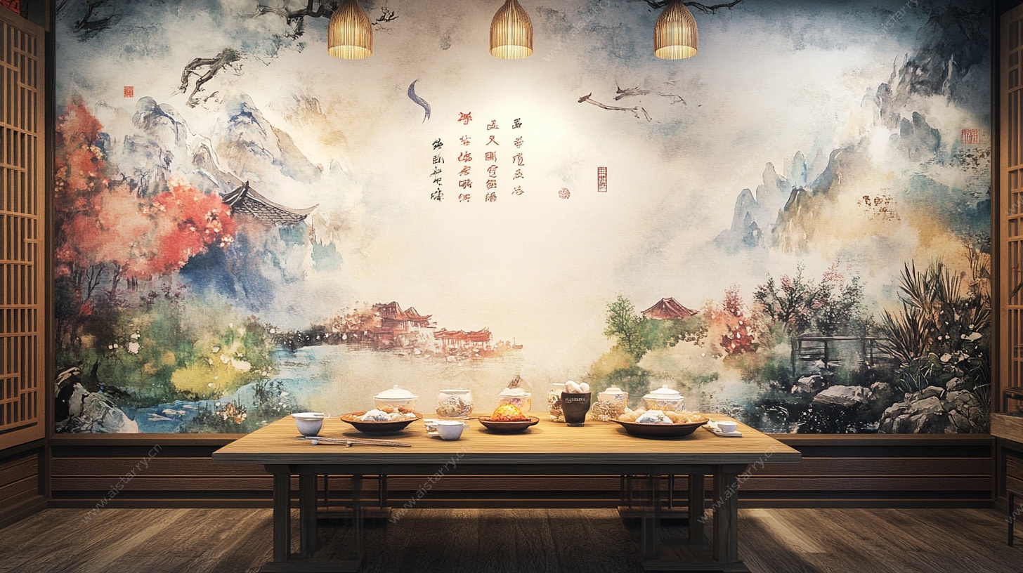 中式茶室山水壁画意境美