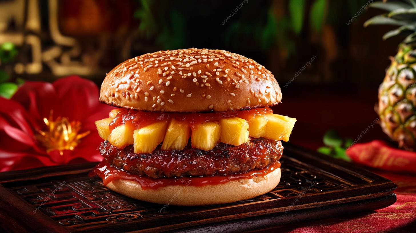 菠萝牛肉汉堡美食特写