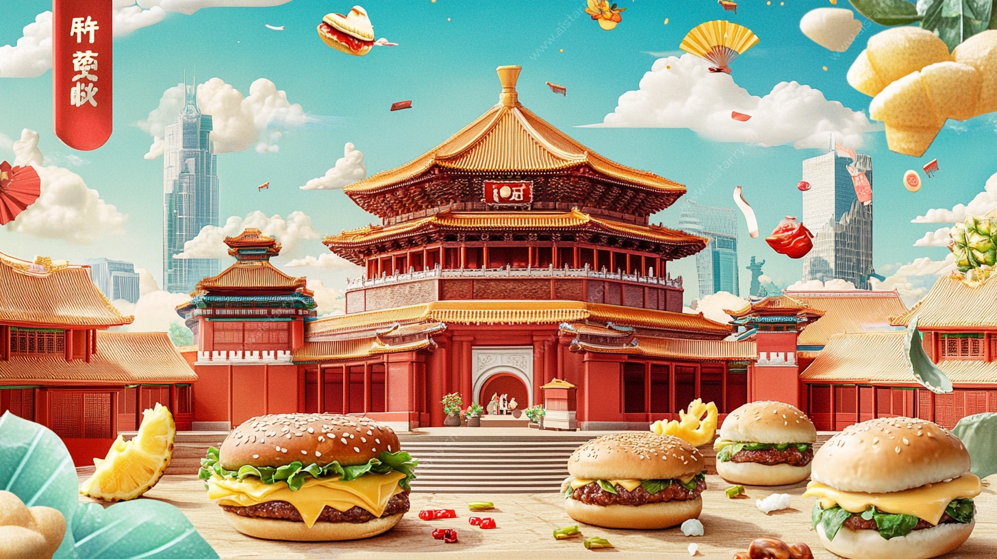 中式风格下的汉堡美食场景