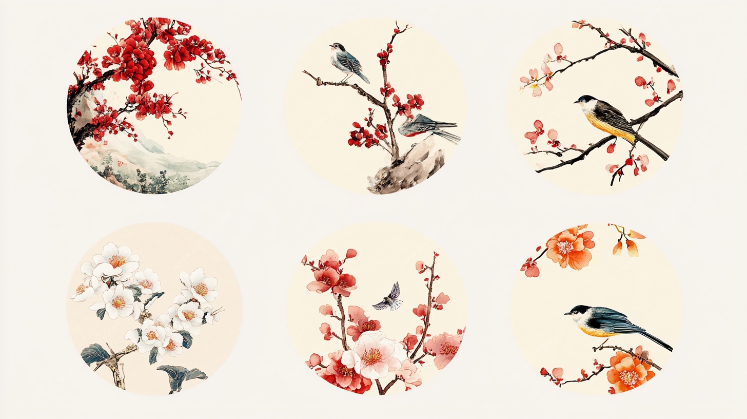 中式花鸟圆形装饰图案