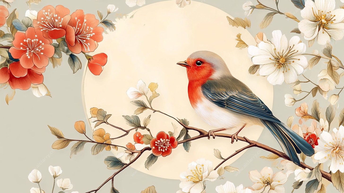 花鸟图 枝头小鸟伴繁花