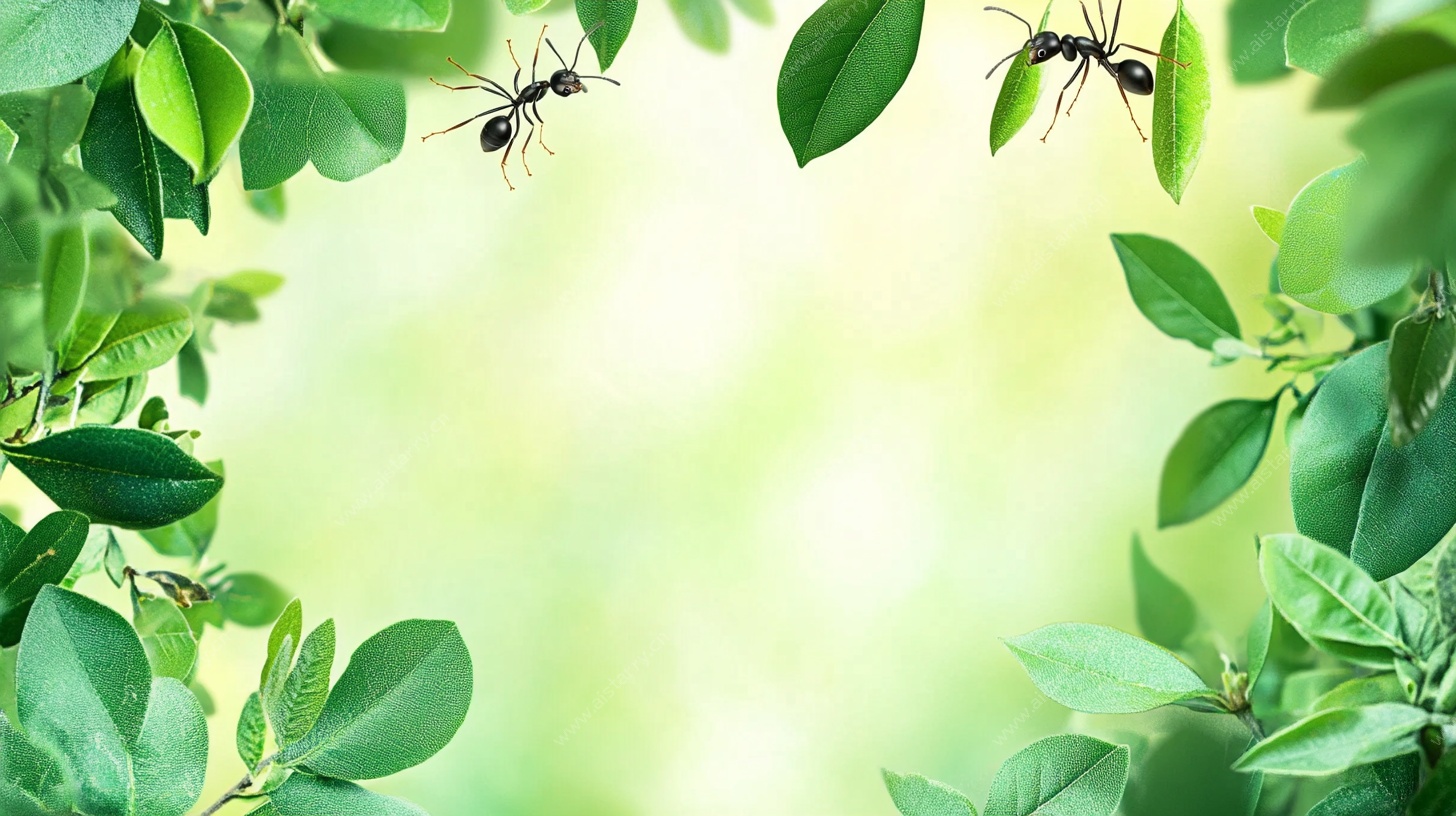 绿叶间的蚂蚁微观景象