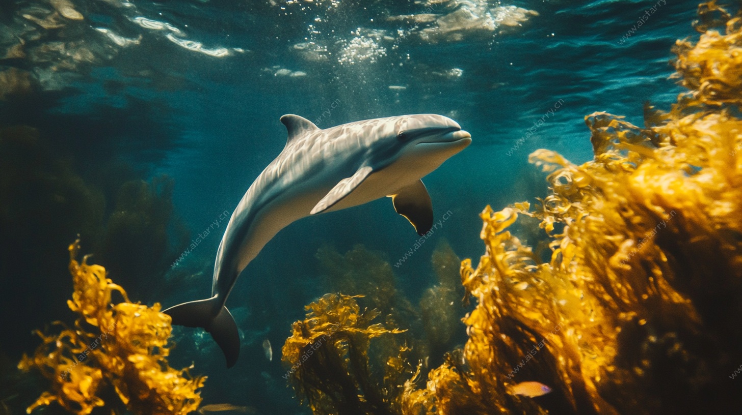 海豚畅游于海底海藻间