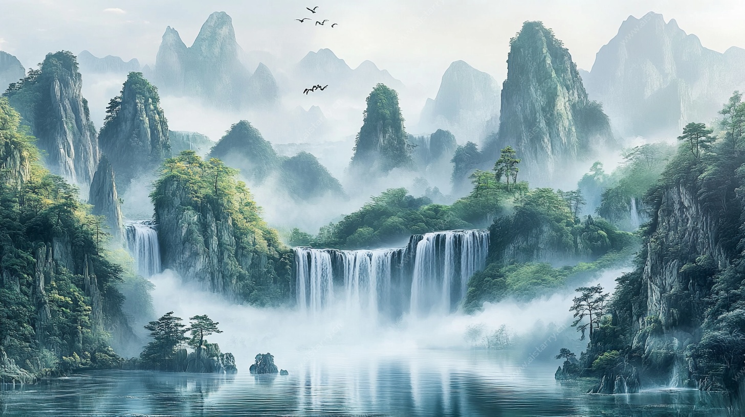 水墨山水瀑布意境图