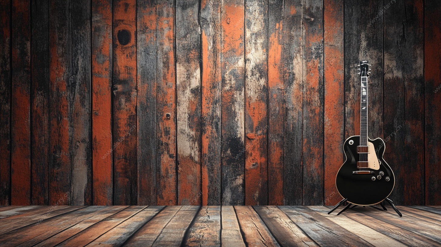 复古木墙前的黑色吉他