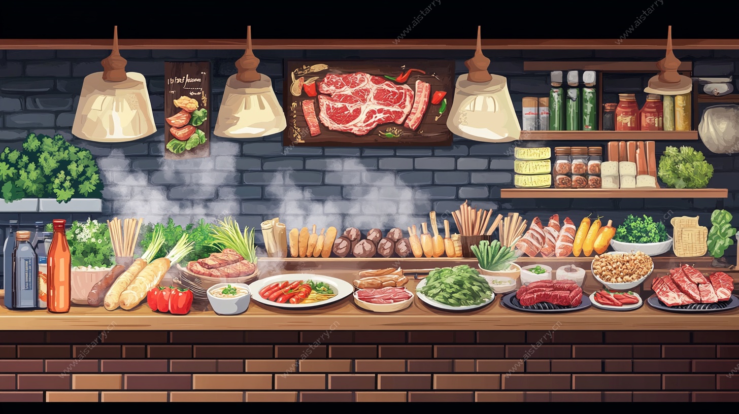 热闹烧烤食材展示场景