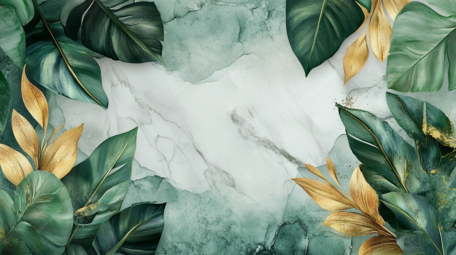 绿金叶片大理石背景图