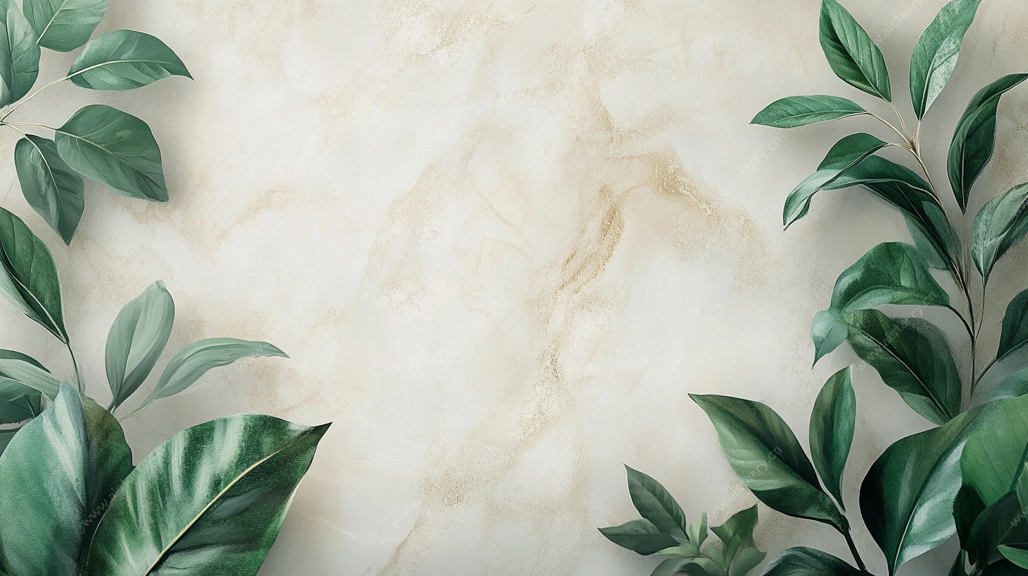 绿叶环绕的米白色大理石背景