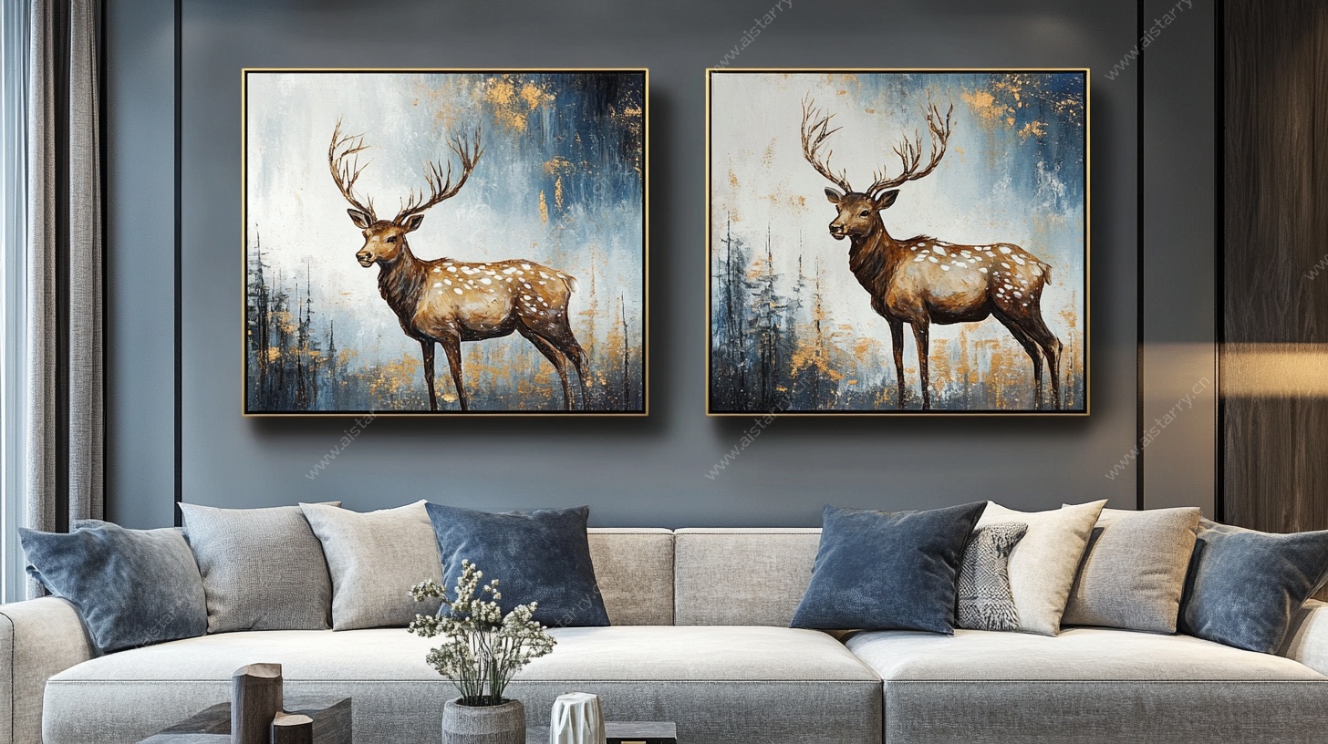 北欧风客厅双鹿挂画装饰