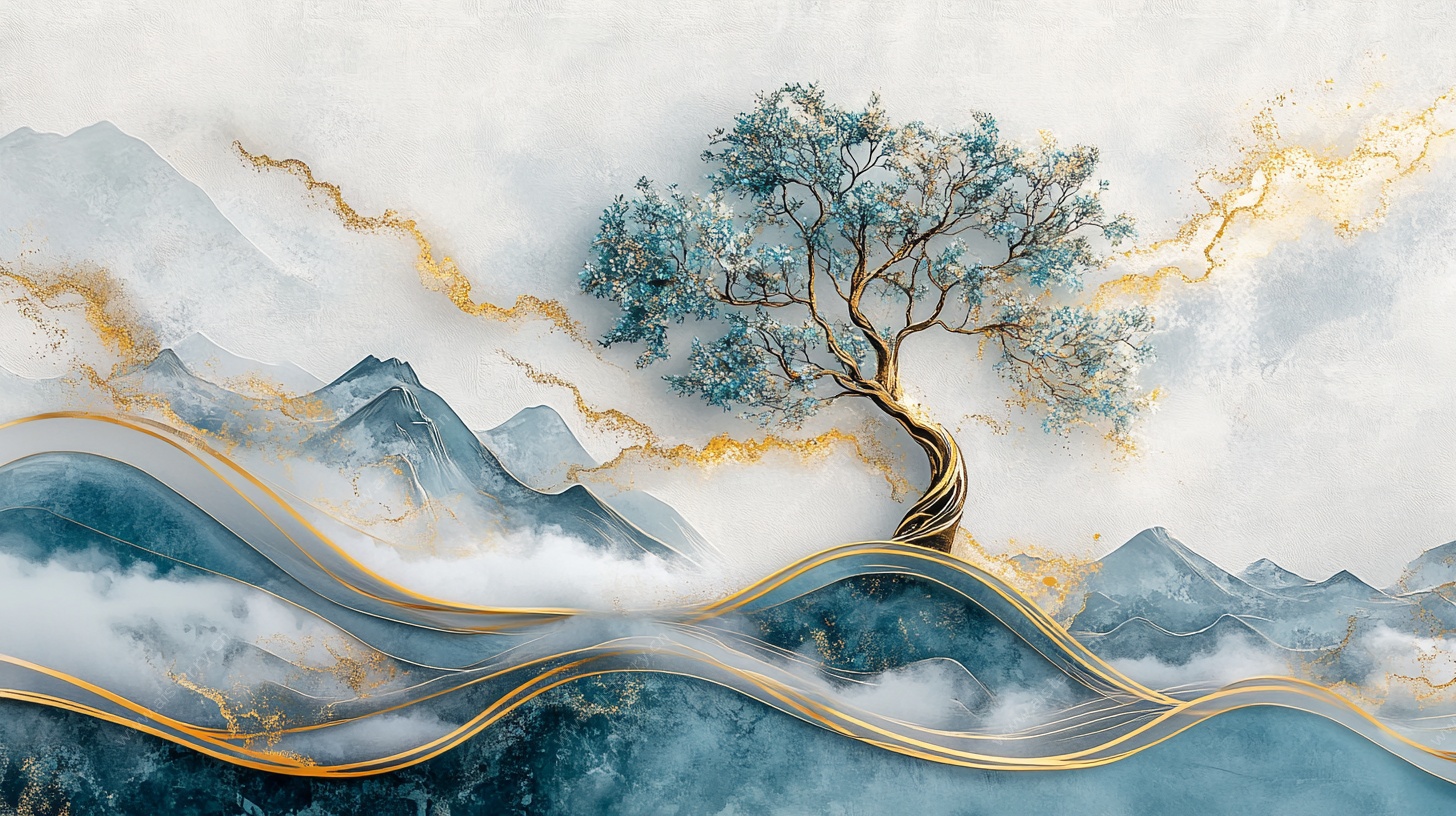 水墨金纹孤树山水图景