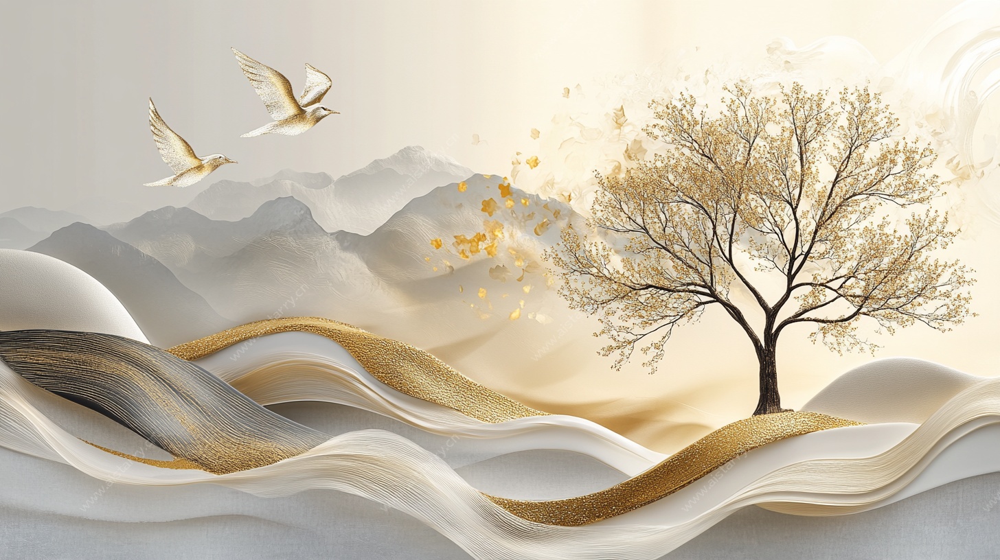 水墨山水树鸟意境图