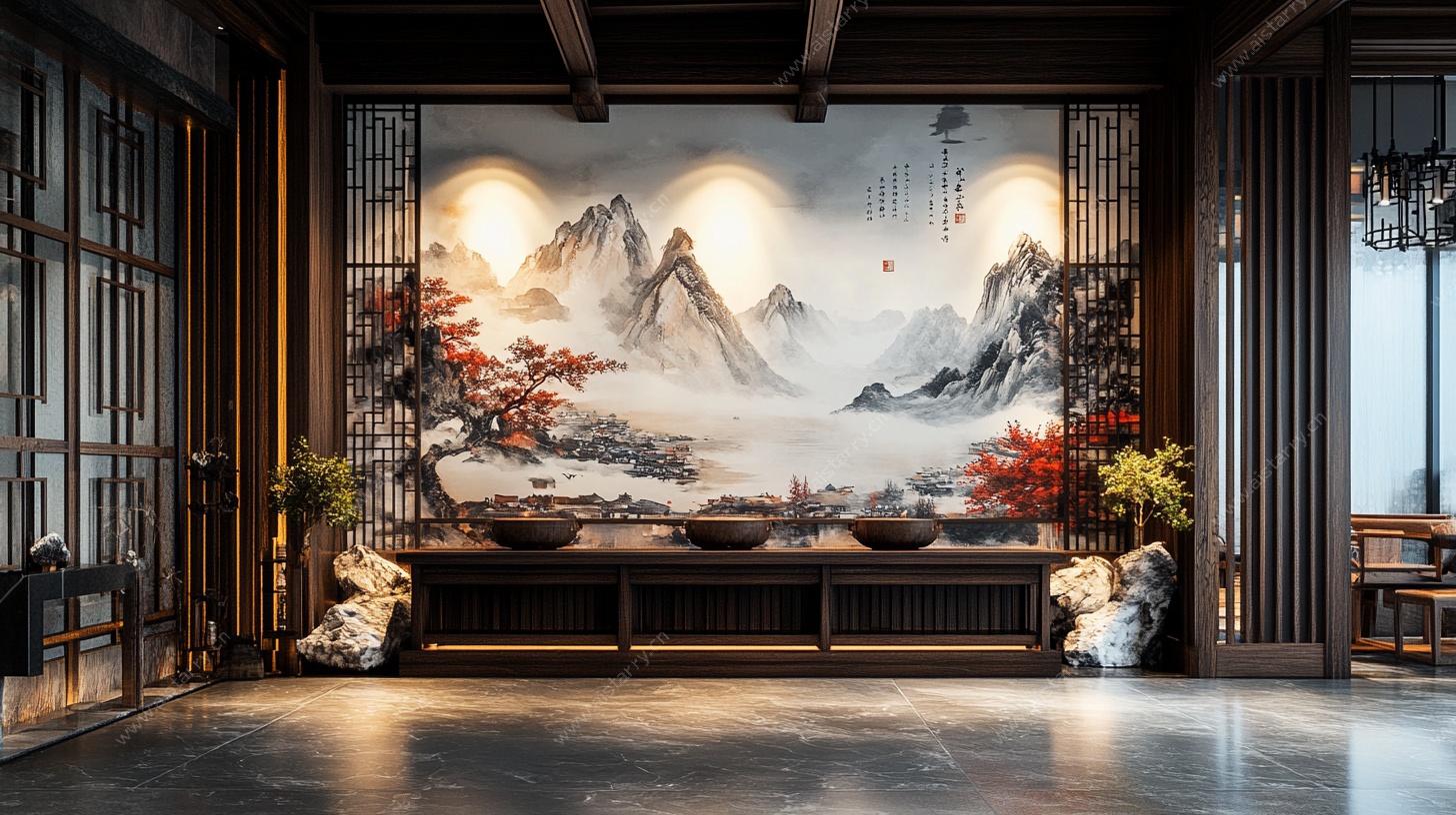 中式客厅山水壁画装饰