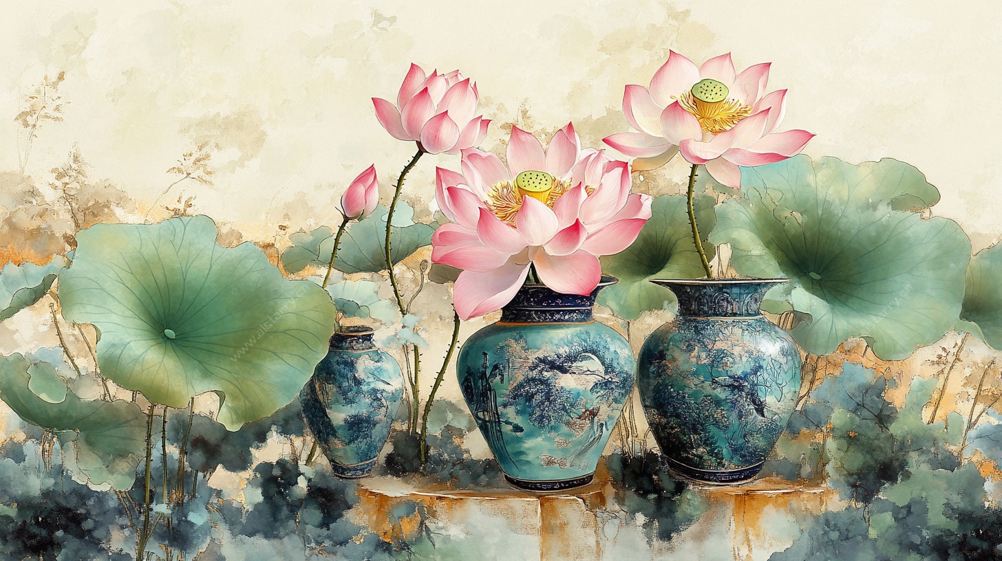 水墨荷花花瓶雅致图