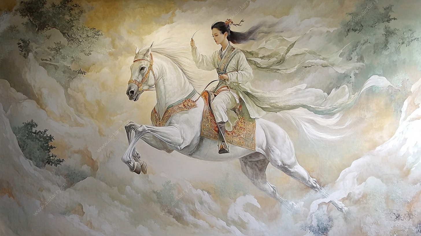 女子乘白马腾云图