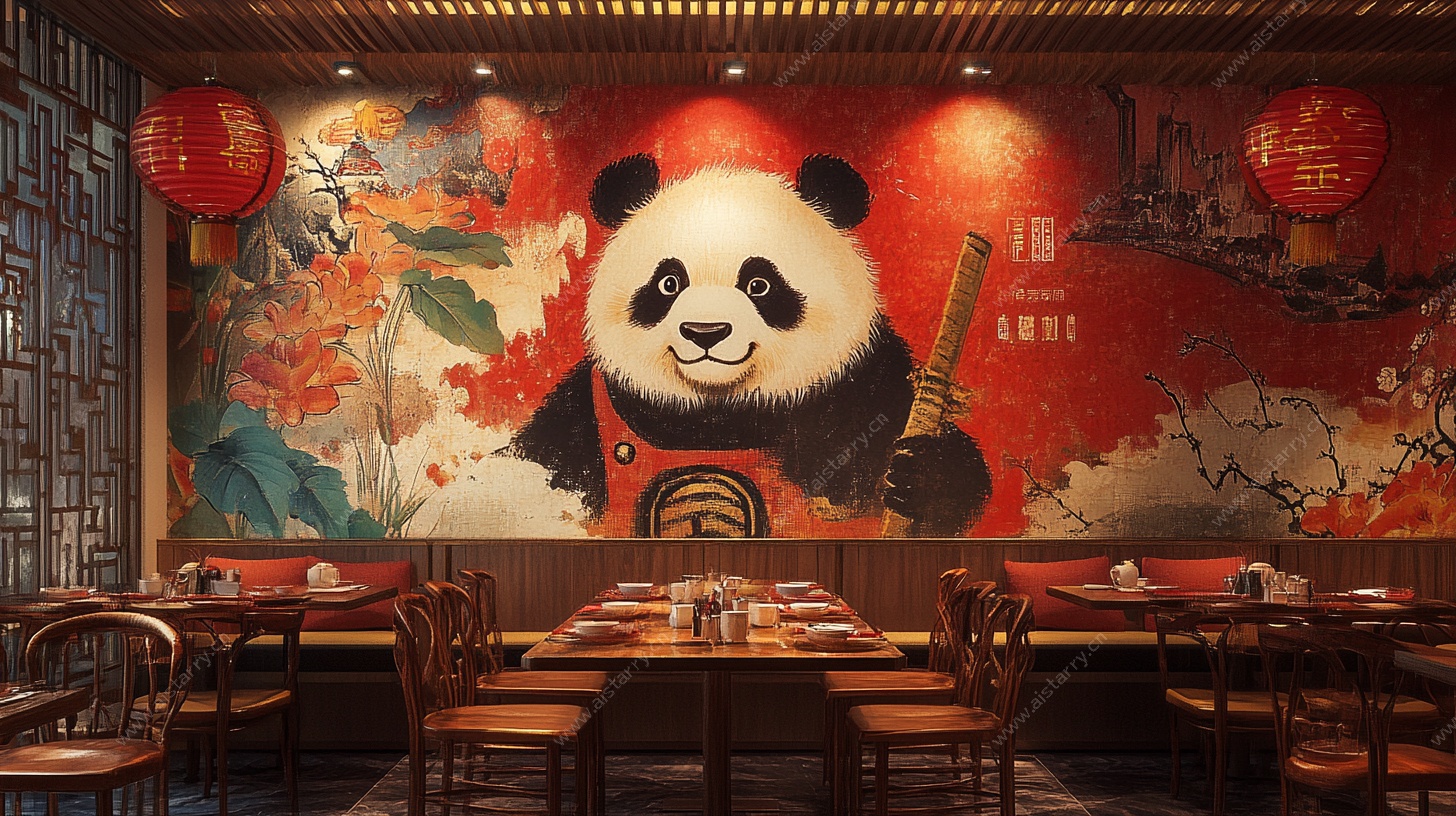 熊猫主题中式餐厅墙面