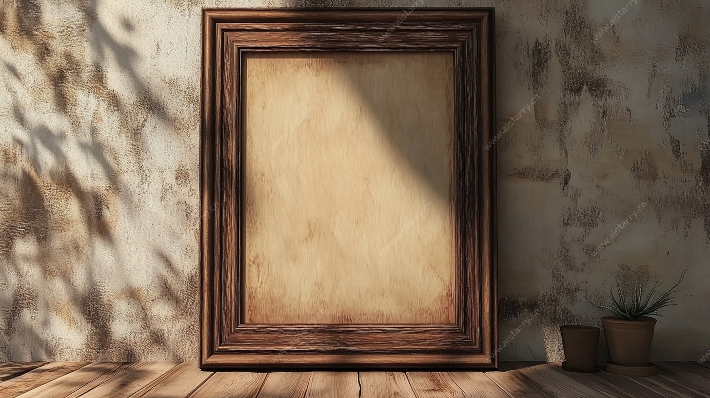 复古画框靠墙置于木地板上