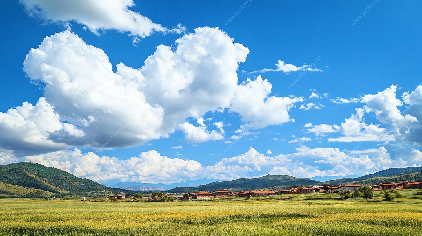 草原风光蓝天白云村落