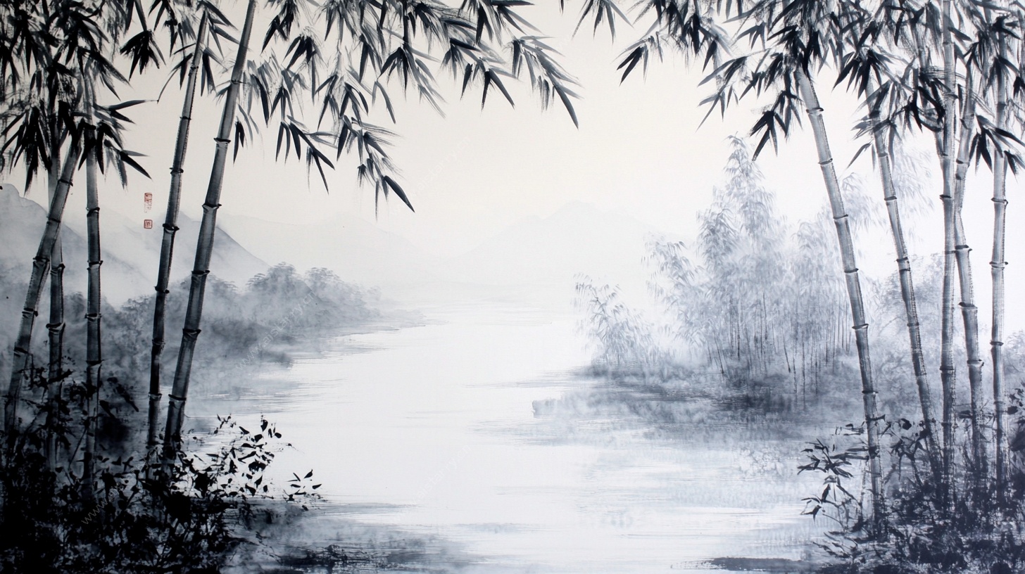 水墨竹林山水意境图