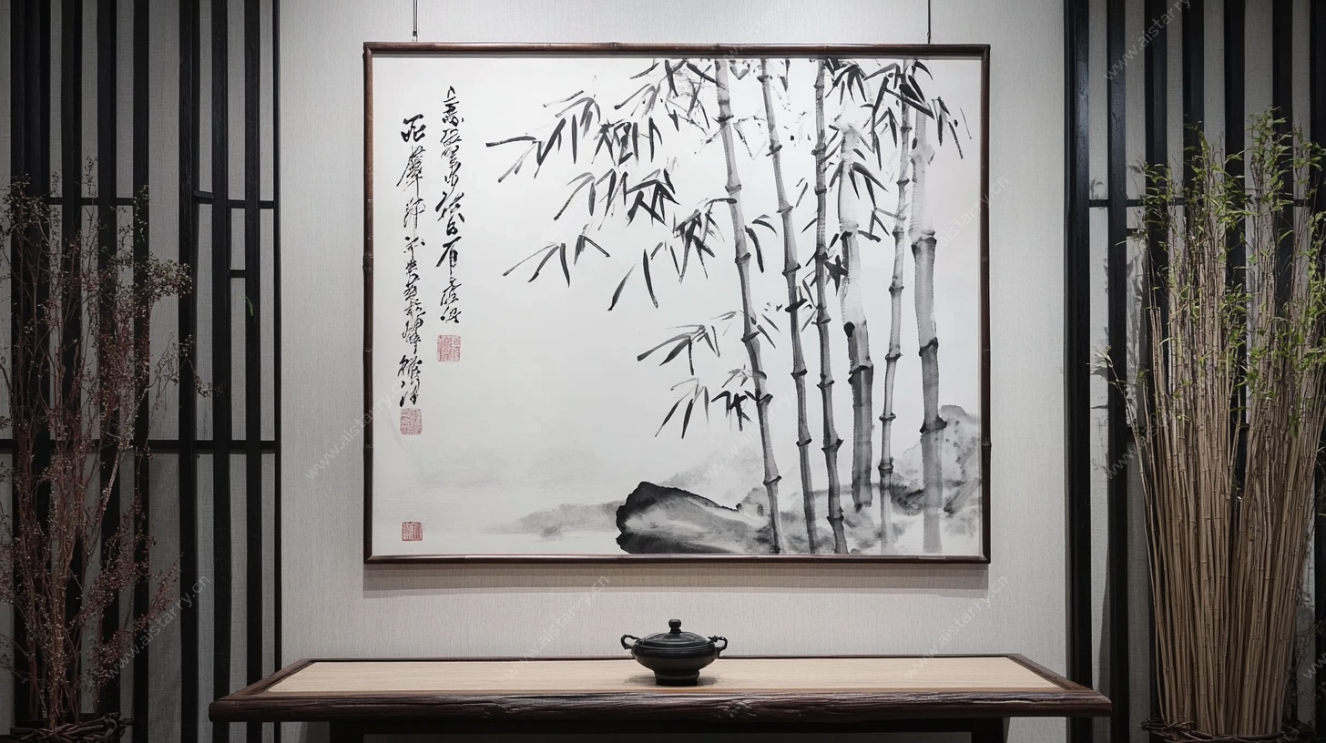 中式水墨竹画室内装饰图