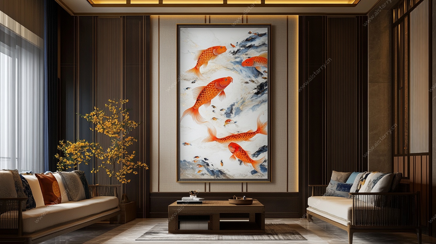 中式客厅中的锦鲤挂画