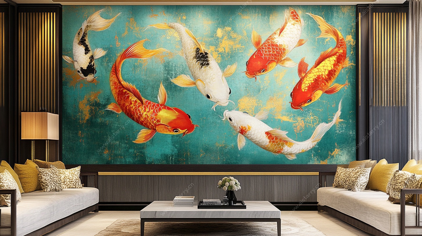 中式客厅锦鲤壁画装饰