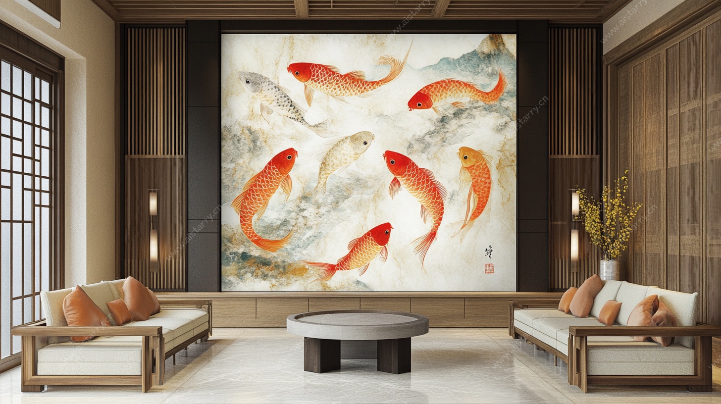 中式客厅锦鲤壁画装饰图