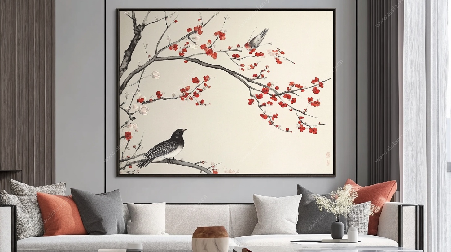 中式客厅梅花飞鸟装饰画