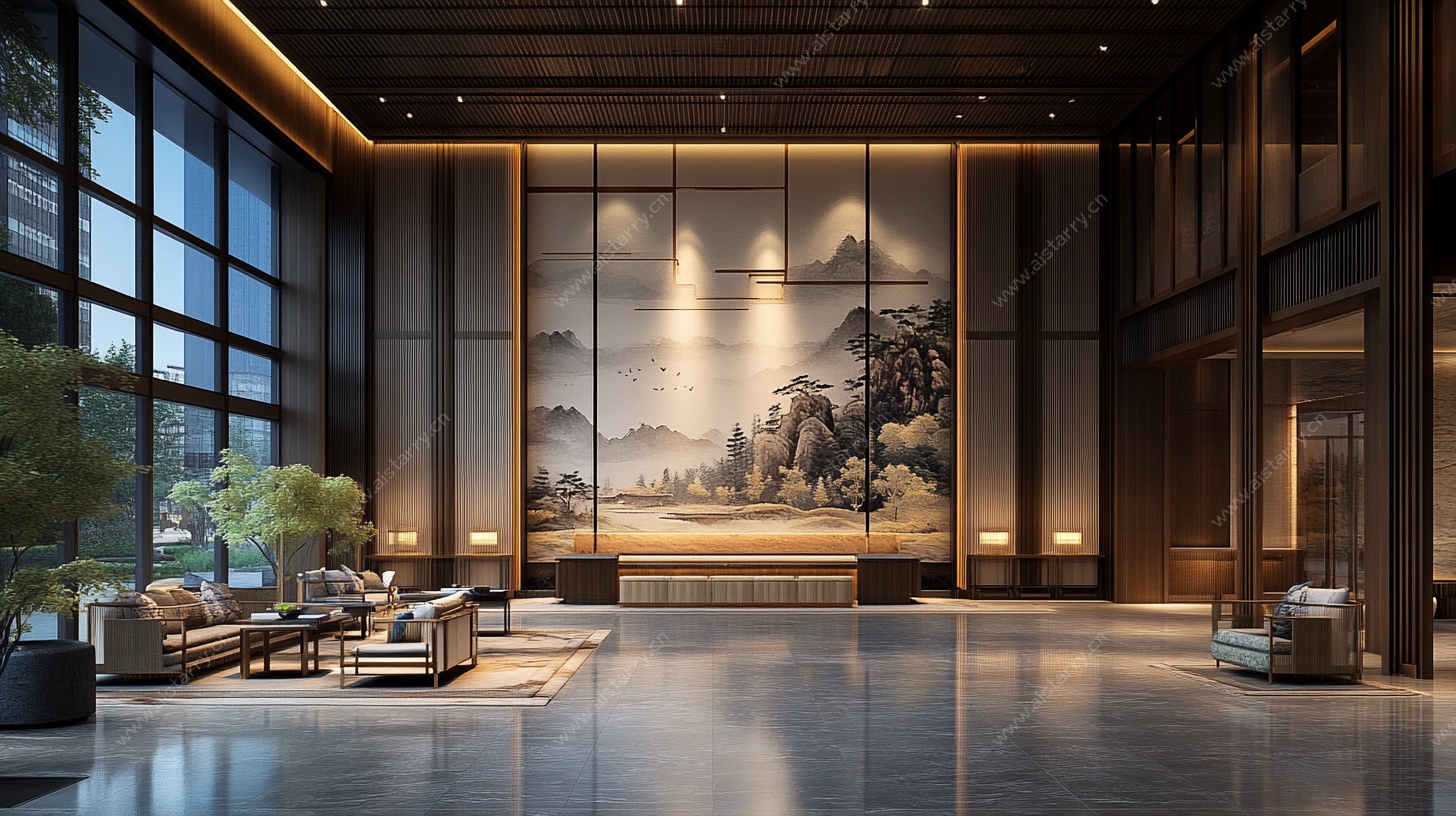中式大气酒店大堂室内景