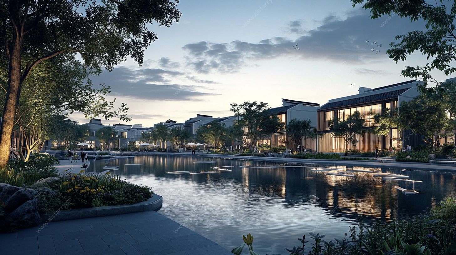 湖畔中式住宅景观效果图