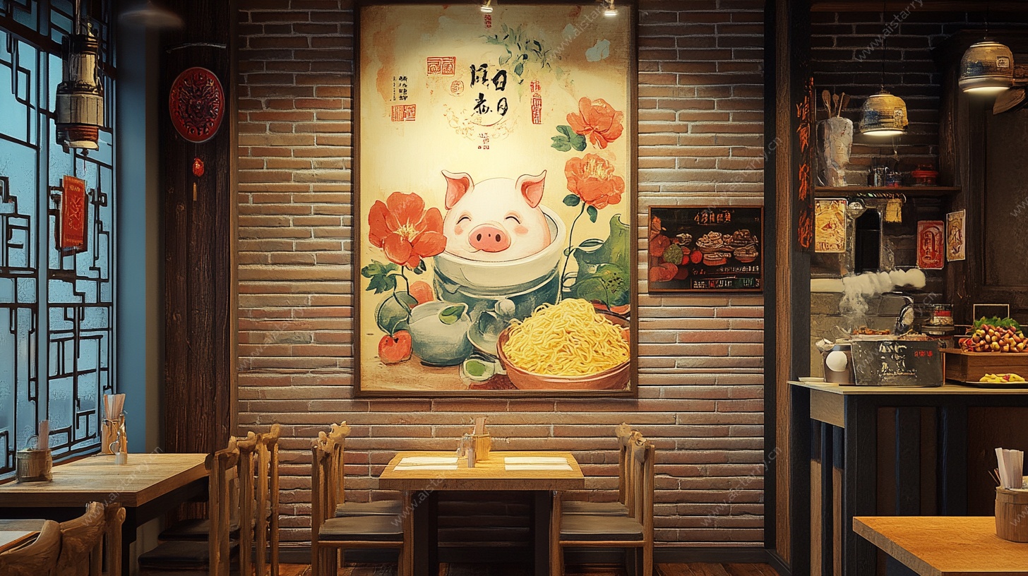 中式餐厅内的可爱招财猪海报