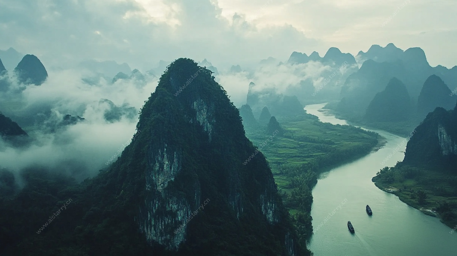 漓江山水云雾缭绕美景