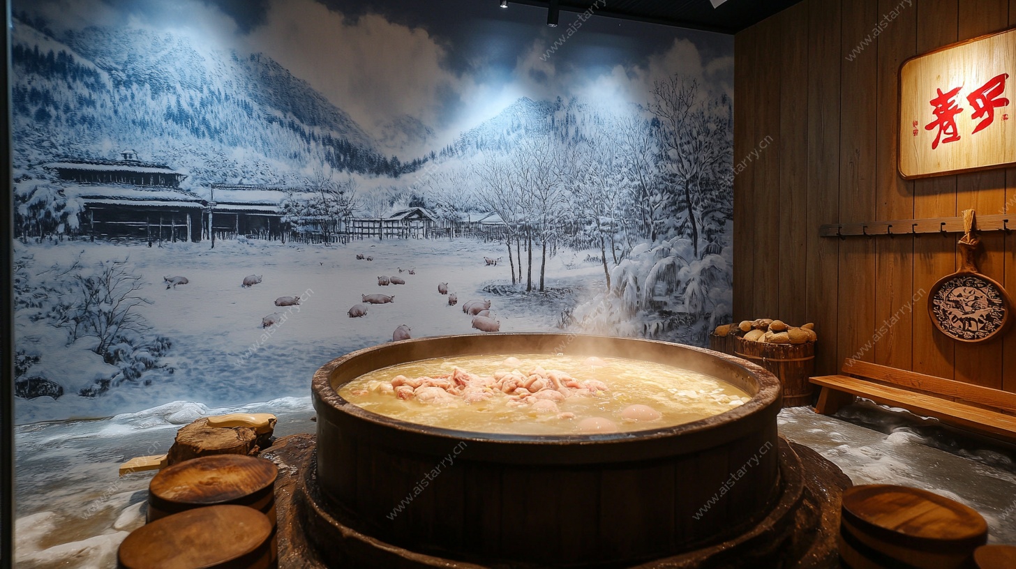 中式雪景温泉泡池景观