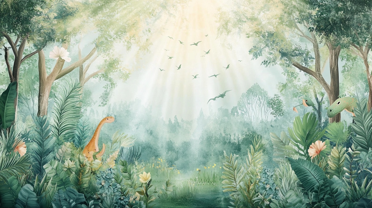 梦幻森林中的恐龙奇幻场景