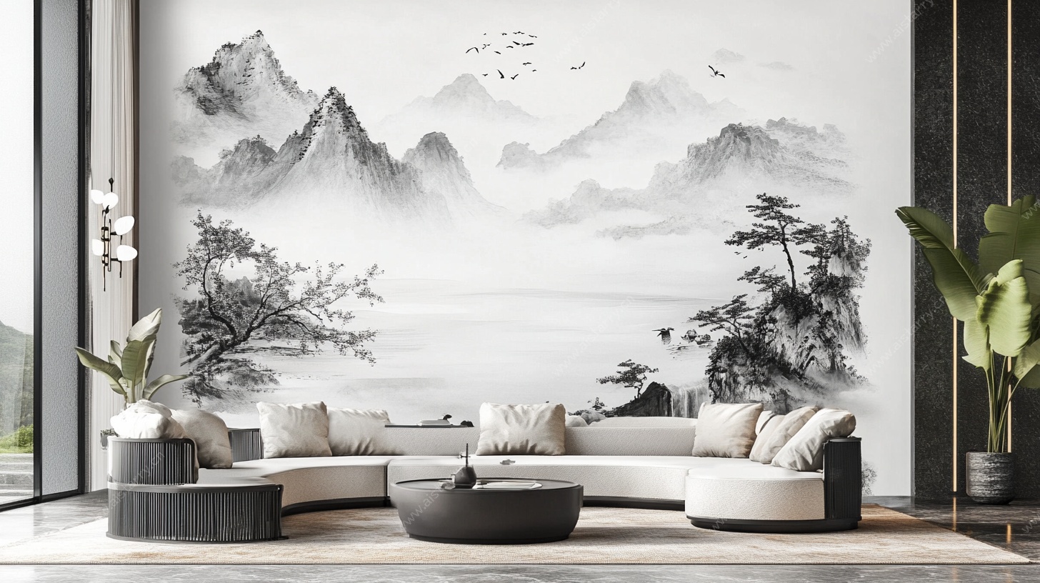 新中式山水风客厅背景墙