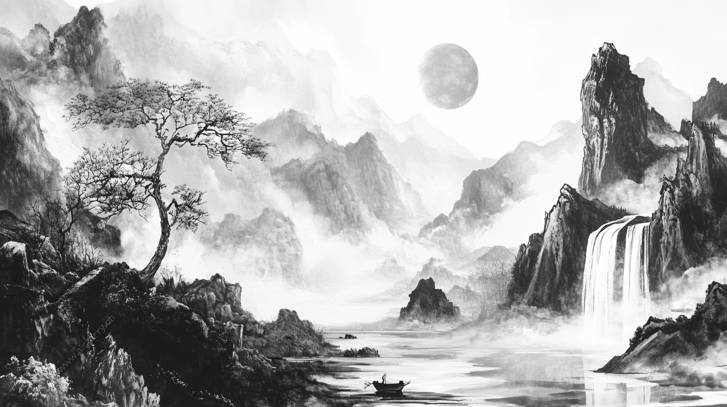 水墨山水月夜图