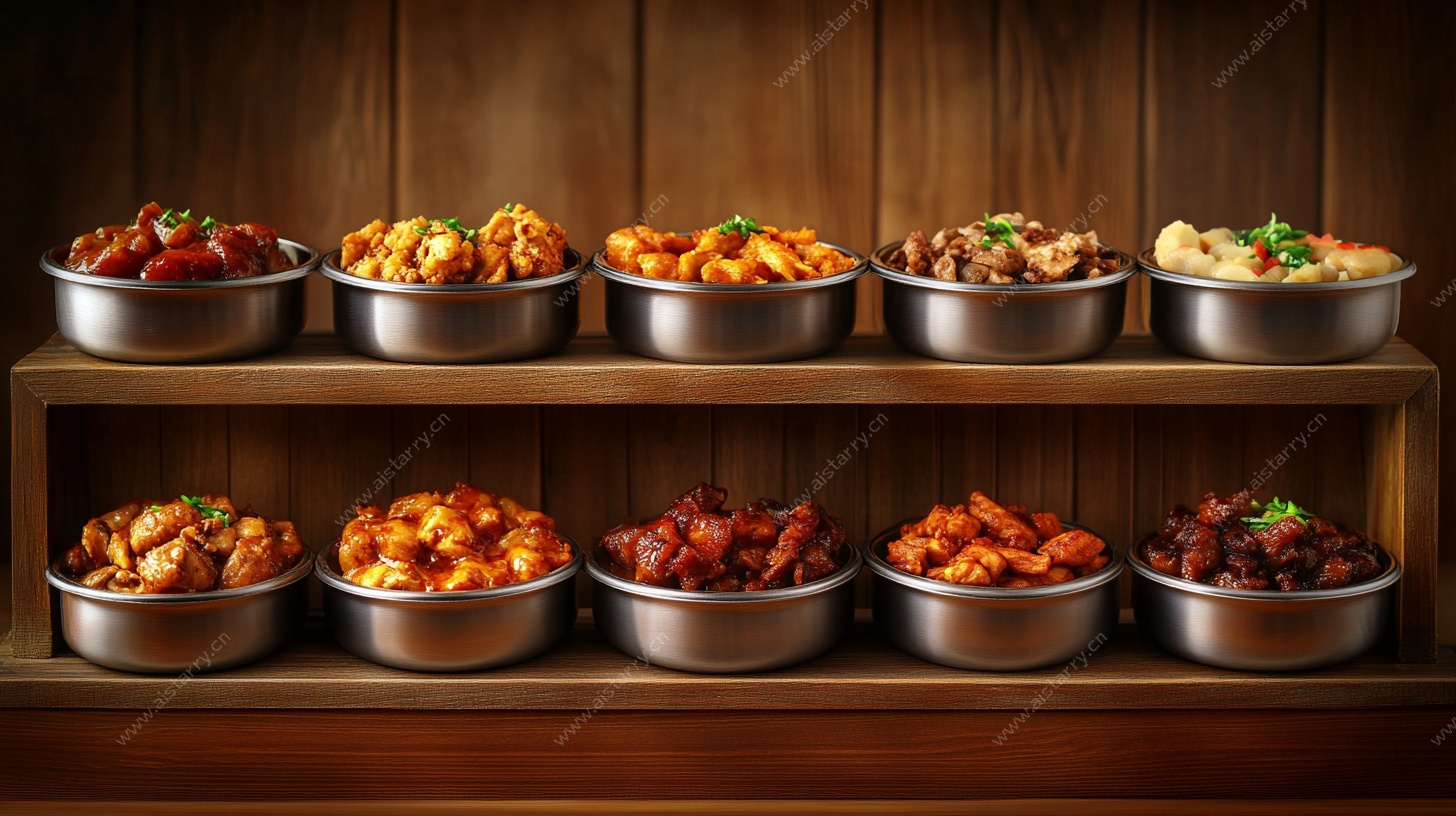 多样美食盛于金属碗陈列