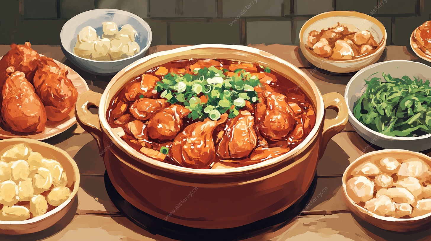 美味砂锅菜肴与配菜组合