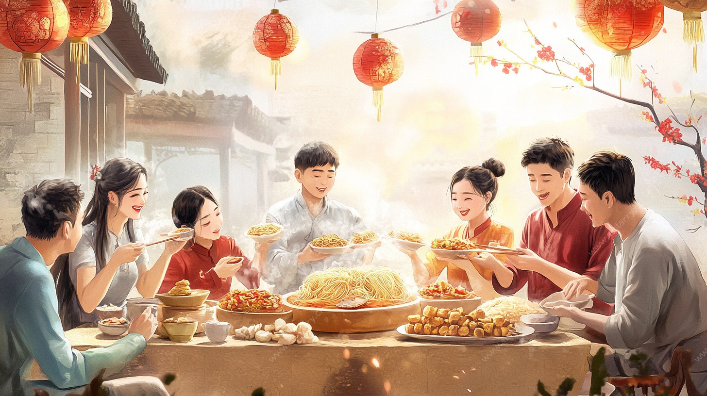 阖家团圆吃年夜饭场景