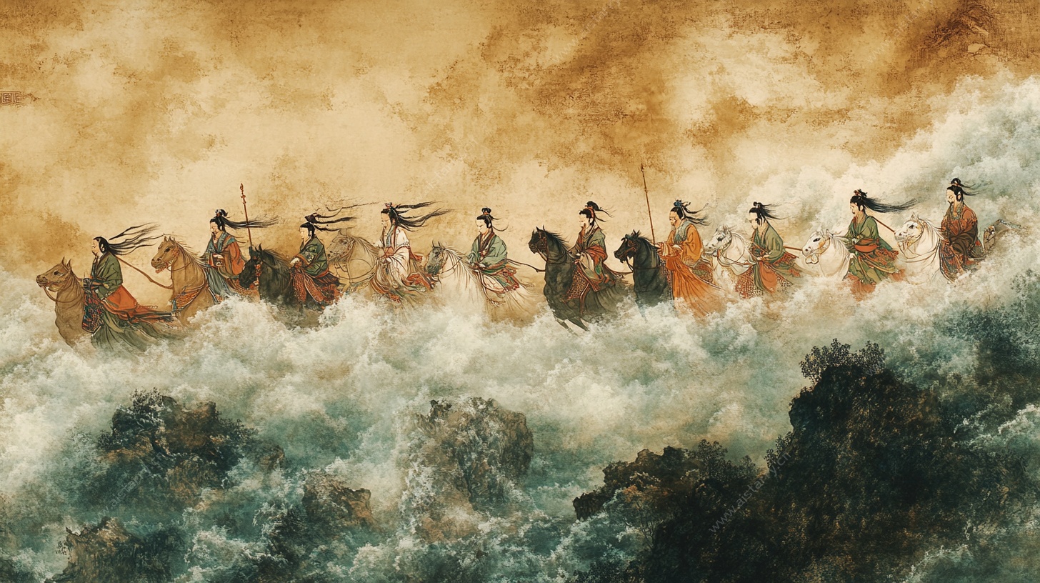 古代骑兵渡水图