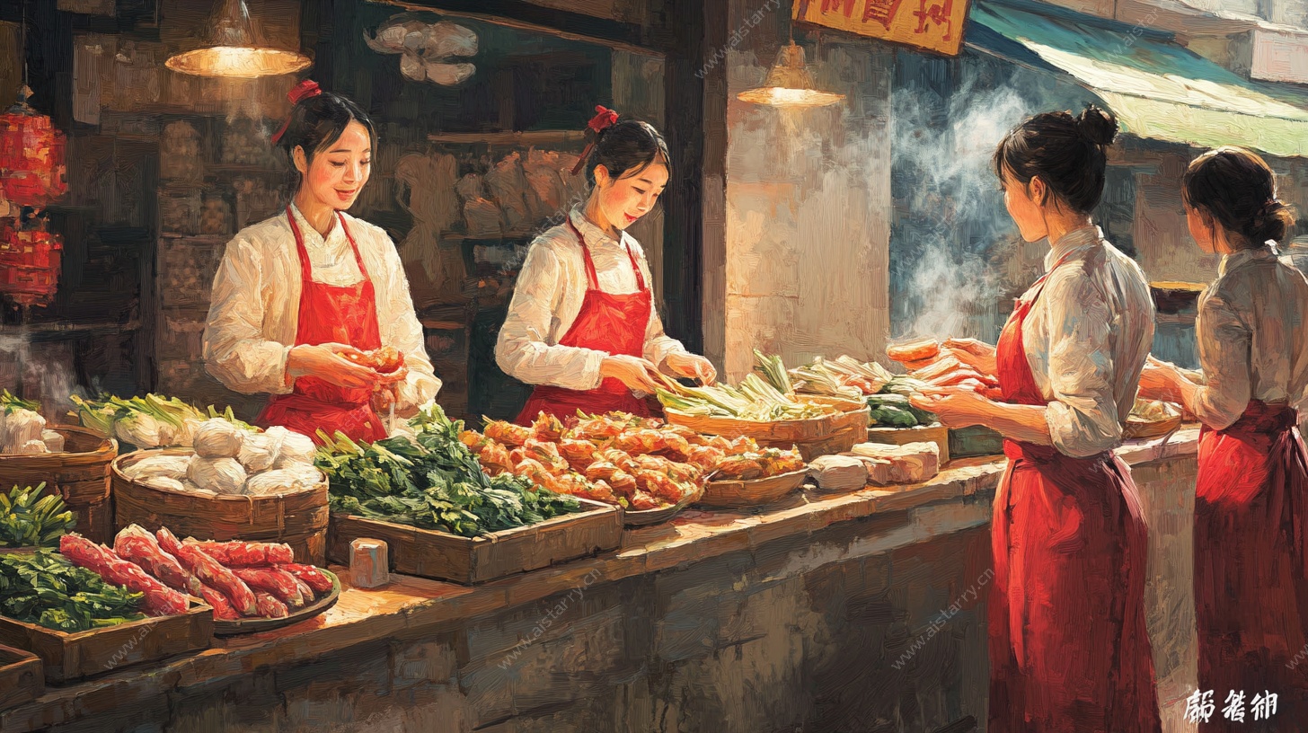 街头小吃摊的忙碌瞬间