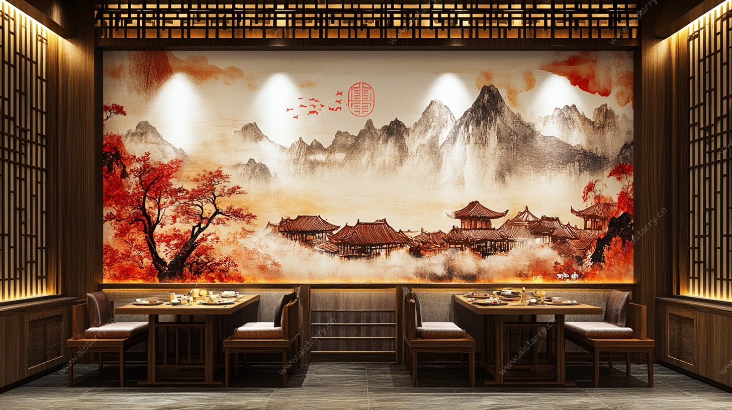 中式餐厅山水壁画场景