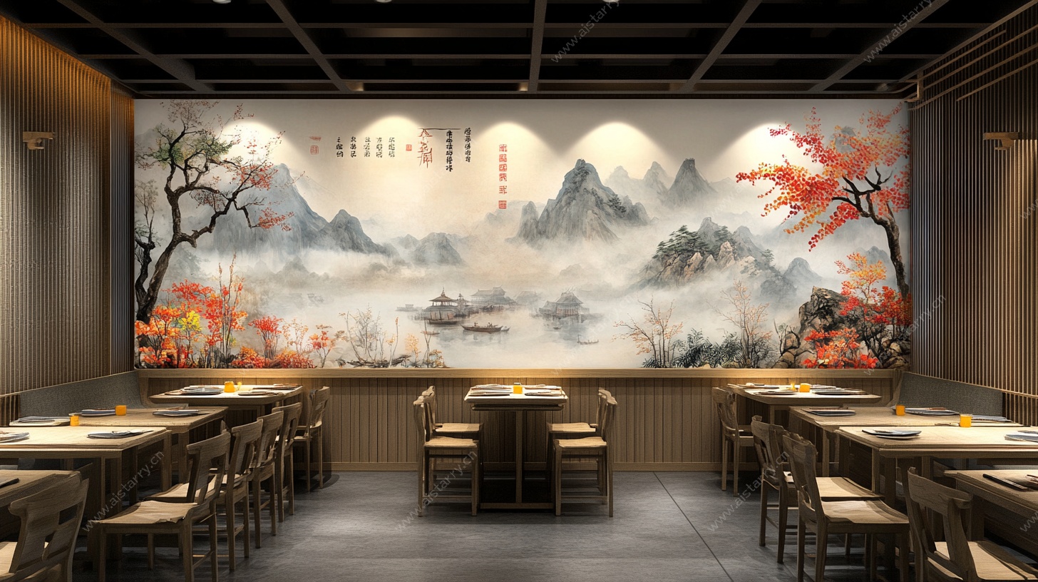 中式餐厅山水壁画装饰